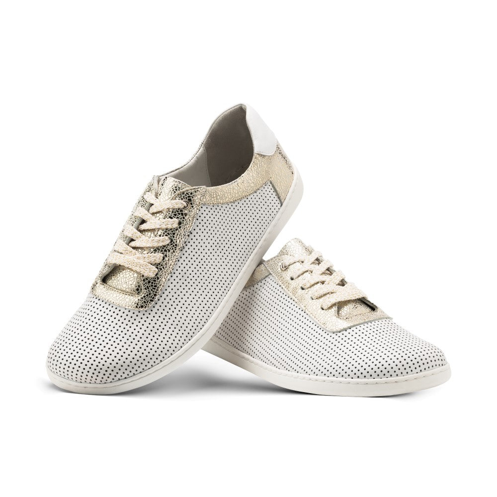 Die QOOQY White Sneaker von ZAQQ im trendigen perforierten Nappaleder-Design in Weiß mit metallisch-goldenen Akzenten und weißen Schnürsenkeln werden kunstvoll präsentiert, indem ein Schuh auf dem anderen ruht, um ihren einzigartigen Stil hervorzuheben.